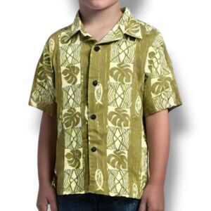 Hilo Hattie Tropical Palm Button Down Short Sleeve Shirt Khaki Yellow Hawaiian